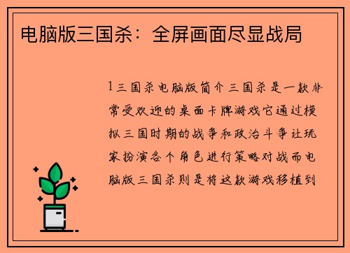 电脑版三国杀:全屏画面尽显战局